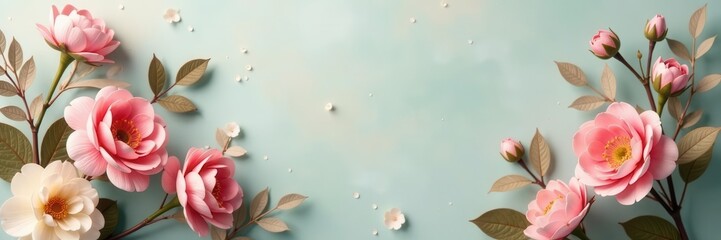 Obraz premium Muted pink, sage, cream vintage artificial flowers create romantic wall backdrop , floral background, botanical