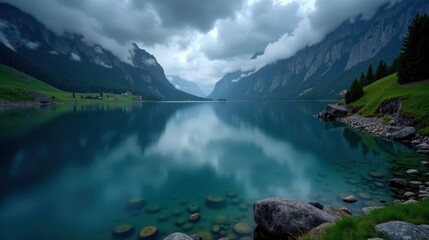 A professional photo of Lake Silvaplana in Switzerland, Europe, at night under rainy conditions, captured from above, with shimmering water and misty surroundings.