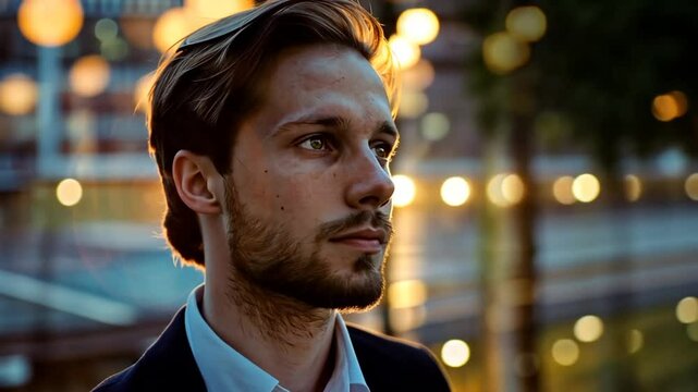Junger Mann mit Vision im Licht der Stadt