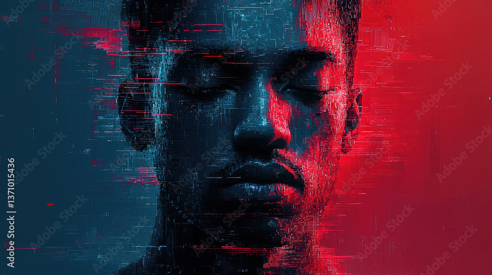 Poster glitch-art portrait showcasing a man's face with vibrant colors and distorted features creating an e