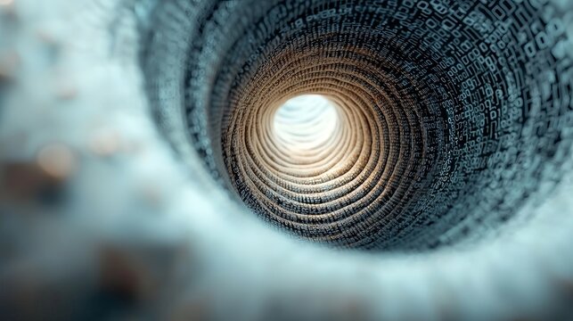 Abstract image of a data tunnel, featuring swirling binary code with a bright light at the end.