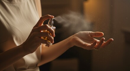 Elegant fragrance ritual: An intimate portrayal of a woman delicately applying perfume to her wrist, showcasing a personal moment of luxury and self-care. 