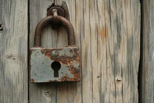 An old, weathered padlock hangs on a rustic wooden door, showing signs of age and disuse.