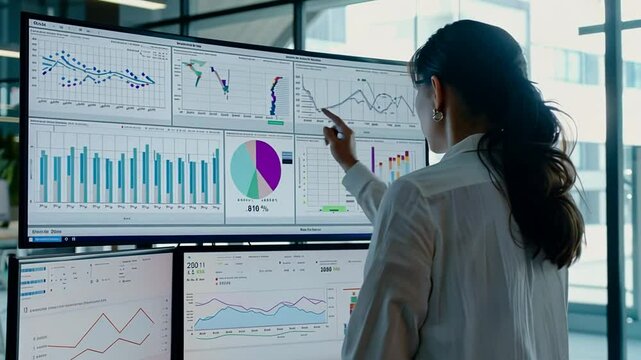 Frau analysiert Diagramme auf gro&szlig;em Bildschirm