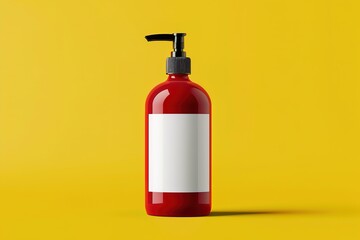 Fototapeta premium Red bottle with pump dispenser against a vibrant yellow background in a studio setting