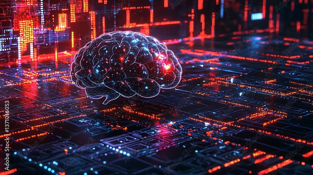 Poster digital brain on a circuit board. complex network of connections