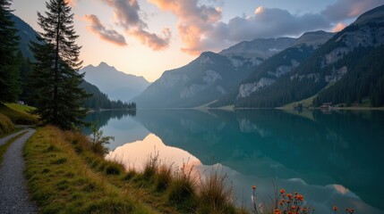 Obraz premium Golden dusk at Lake Cauma, where warm sunlight illuminates the tranquil turquoise waters and lush Swiss forest. A peaceful, enchanting nature scene in soft evening light.