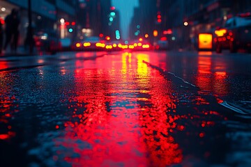 City street at night reflecting lights on wet pavement in rain