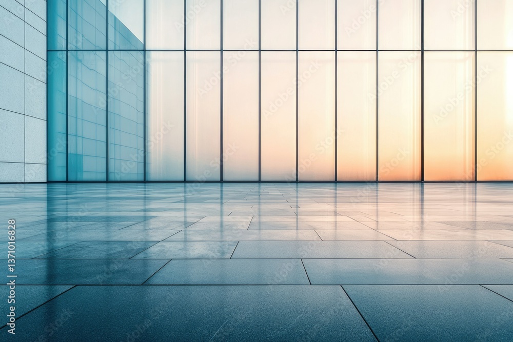Aufkleber modern architecture showcasing a glass building with a reflective floor under a soft sunset-like lig