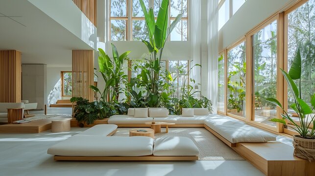 Tranquil biophilic design living space lush indoor plants large open windows sustainable natural materials soft diffused light creates a harmonious connection between nature and modern architecture