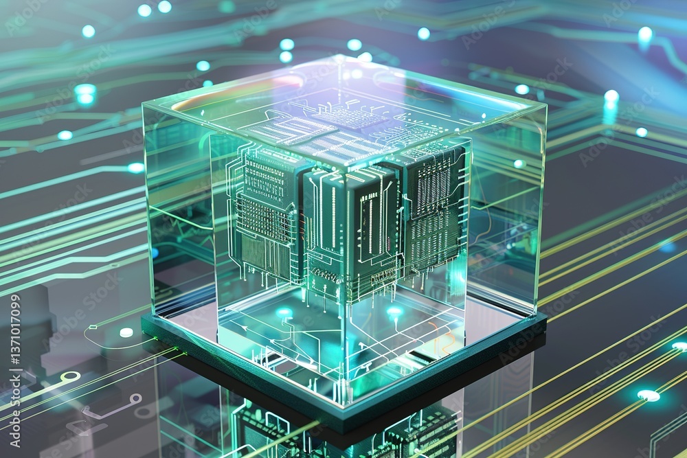 Poster quantum computing: glass cube encasing a circuit board on a complex technological grid