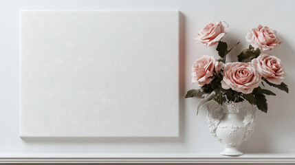 Blank Canvas Frame with Pink Roses on White Wall