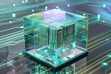 Quantum Computing: Glass cube encasing a circuit board on a complex technological grid