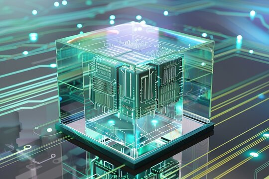 Quantum Computing: Glass cube encasing a circuit board on a complex technological grid