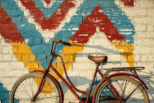 Vintage red bicycle parked against a colorful, patterned brick wall under warm lighting; art, recreation, and urban scene. - Powered by Adobe