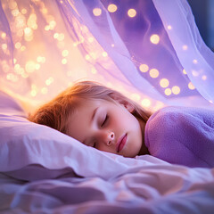 little girl sleeping in bed, lilac tone