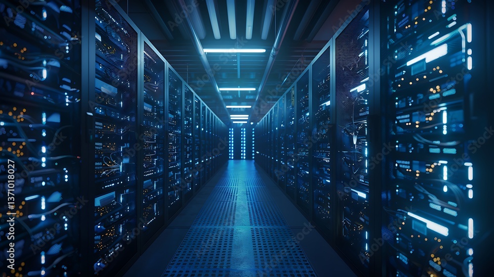 Poster high-tech mining farm with rows of powerful computers and servers mining digital coins