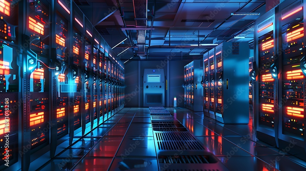 Poster high-tech mining farm with rows of powerful computers and servers mining digital coins