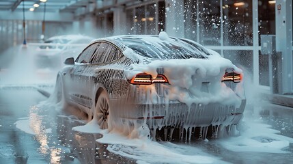 Car wash with foam and water Full Foam cascading off the roof and windows of a freshly washed electric sedan, shot from a rear perspective with water droplets scattering light in every direction
