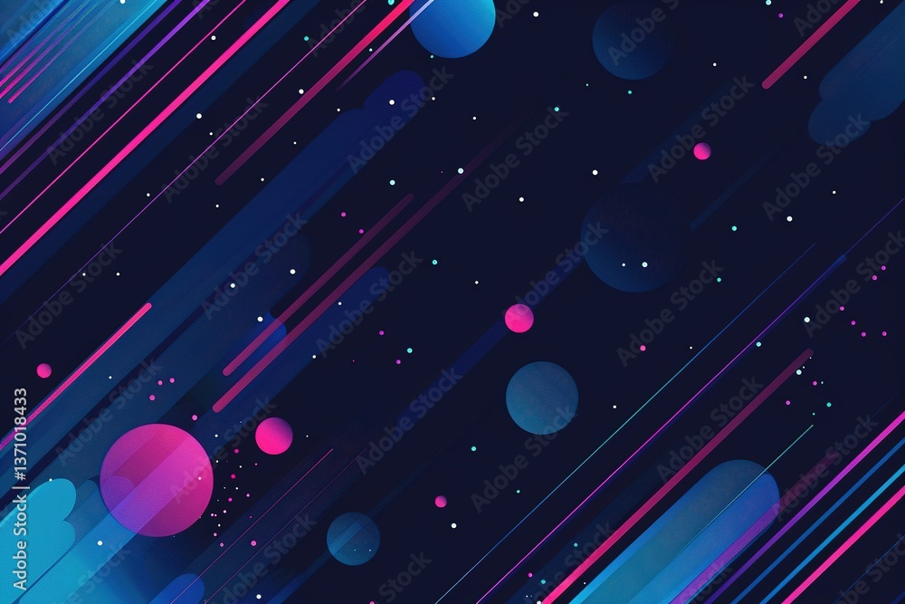 Poster vibrant neon spheres and diagonal lines create a dynamic abstract design on dark background