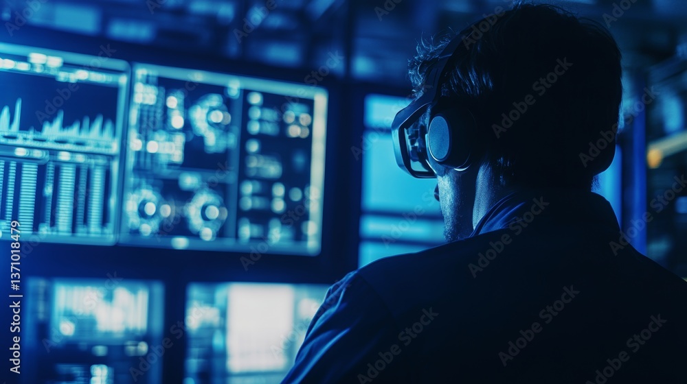 Aufkleber engineer using ar headset analyzes holographic industrial control panel with data visualizations