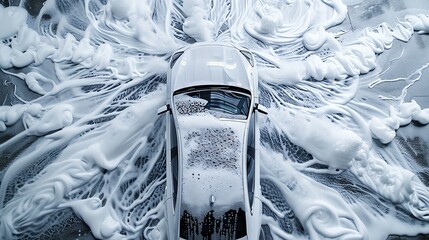 Car wash with foam and water Full Foam cascading off the roof and windows of a freshly washed electric sedan, captured from a top-down aerial view as swirling foam patterns form dynamic textures