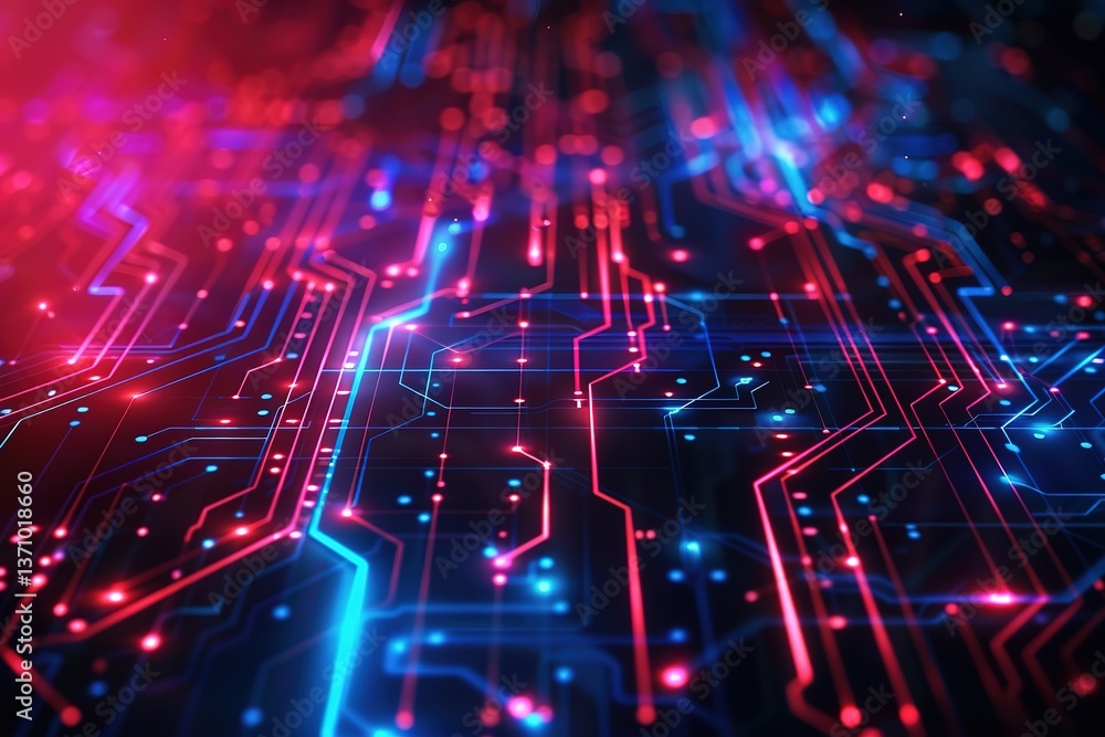 Poster abstract circuit board: red and blue glowing pathways form a complex network