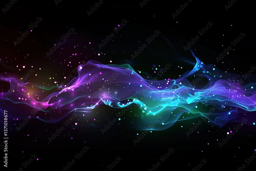 Poster abstract colorful nebula: gradient of light with ethereal wave-like forms and starry dust