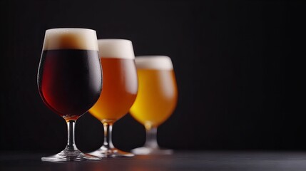 Three glasses of different colored beers display foamy heads against a dark background, lined up on a dark surface.