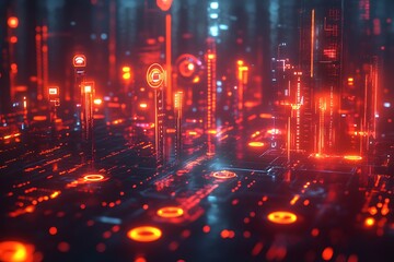 Fototapeta premium A series of digital barriers protecting a central data hub, each barrier glowing with different security symbols, representing multiple layers of protection