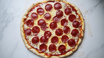 Golden crust, vibrant pepperoni, and creamy cheese create a delicious pizza perfection on cool marble
