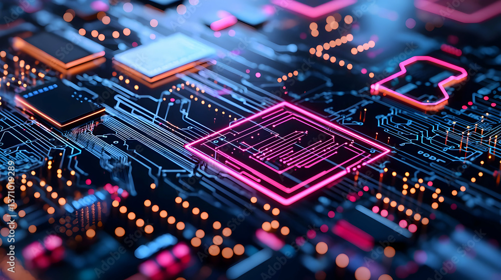 Aufkleber close up of abstract circuit board with glowing components