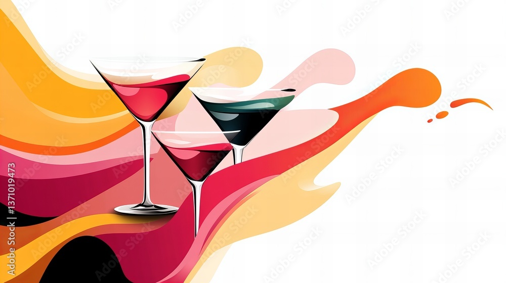 Poster three martini glasses containing various colored liquids are arranged with abstract flowing shapes a
