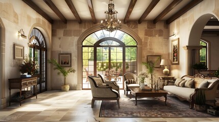 Rustic Mediterranean villa living room stucco wall warm earth tones ceramic tile flooring wooden ceiling beams white isolated background