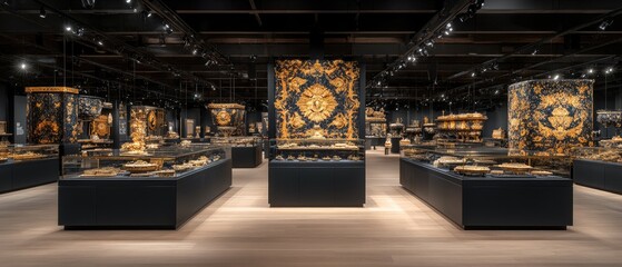 Obraz premium Exhibition hall with displays, art, and antiquities lit by spot lighting and a polished floor