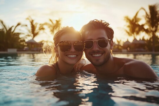 Charming young couple enjoying a tropical poolside sunset with sunglasses and smiles