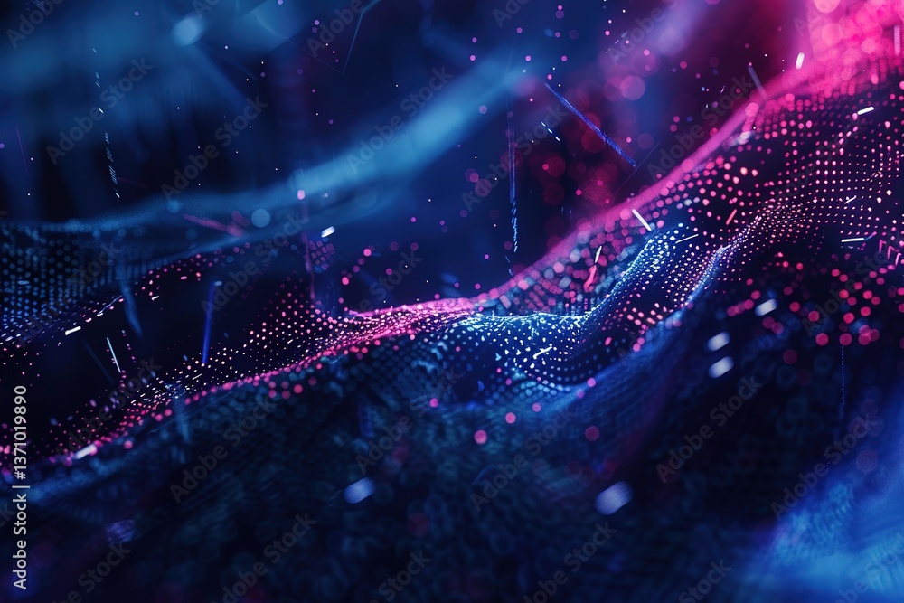 Poster abstract network of glowing data points in pink and blue with digital aesthetic