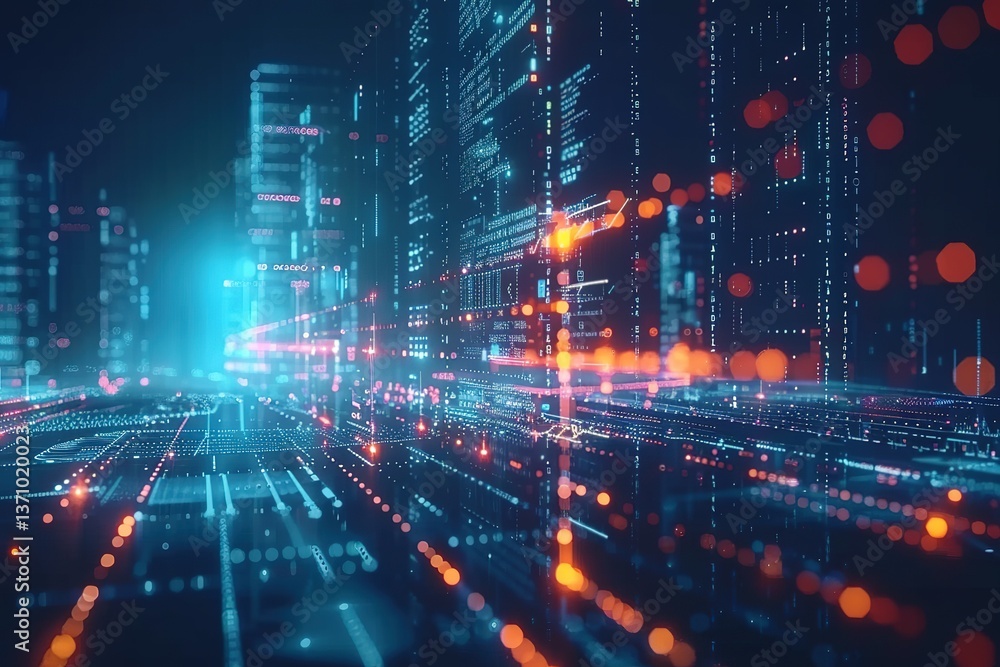 Poster abstract tech cityscape with glowing lights and data streams illuminating the scene