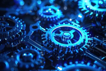 Mechanical Gears: Interlocking metal gears bathed in a vibrant blue light