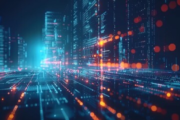 Abstract tech cityscape with glowing lights and data streams illuminating the scene