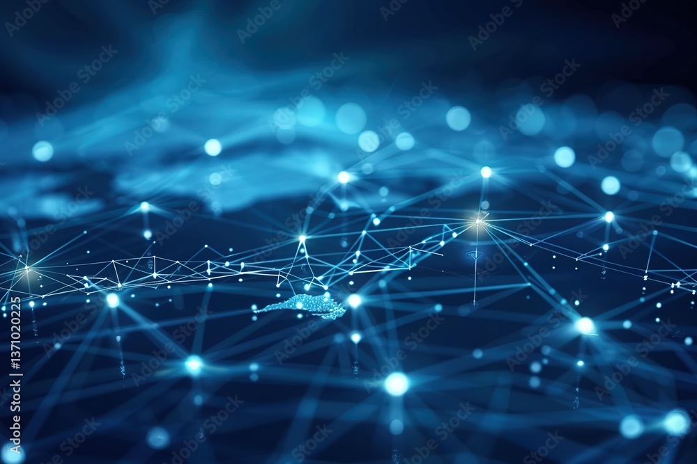 Poster digital network: blue interconnected nodes form a digital web on a blue background