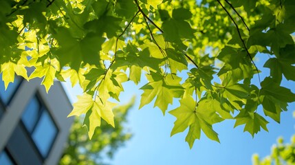 Obraz premium Lush green leaves with a modern building peeking through a blue sky background