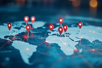 3d world map with location pins and global network concept on blue background for business travel