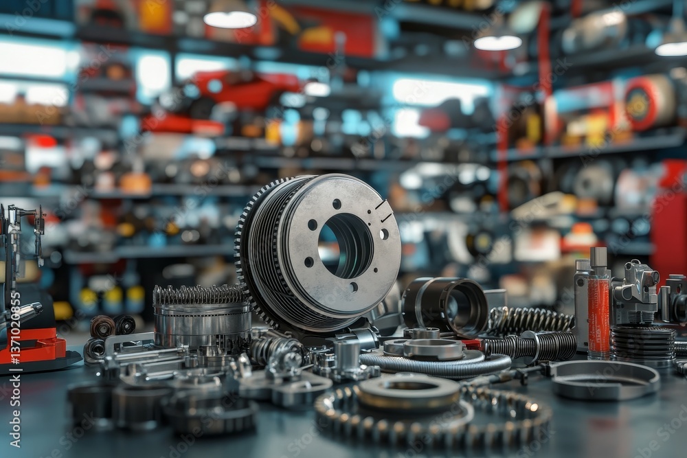 Poster close up 3d rendering of auto parts on table in shopping center gears, brake components, and more