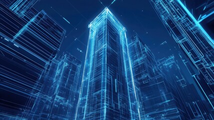 A high-tech architectural blueprint of a futuristic skyscraper, featuring intelligent glass