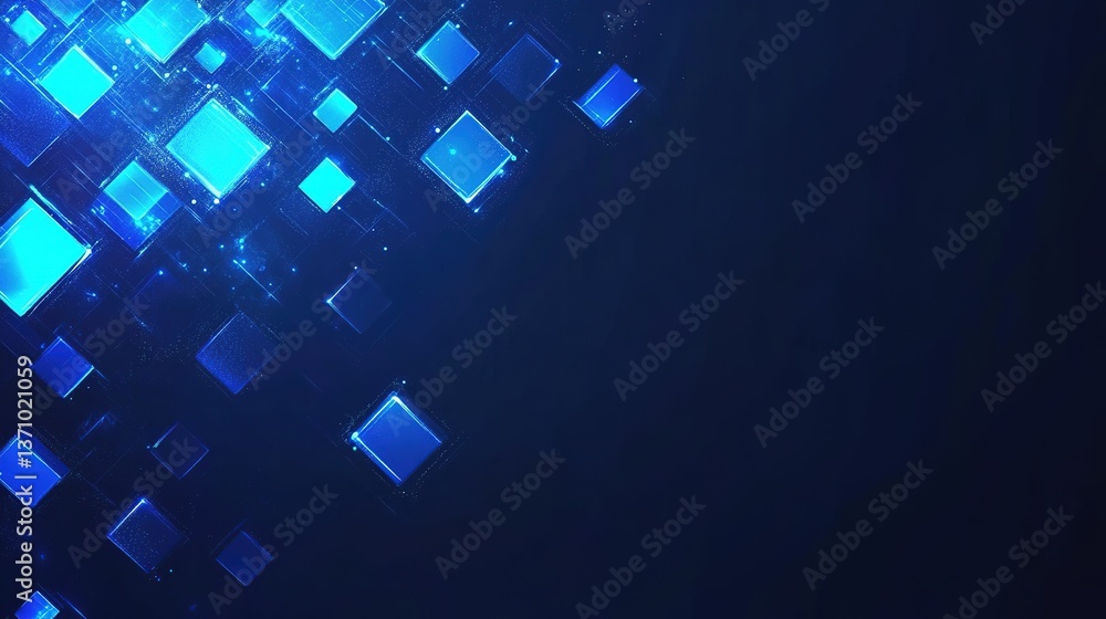 Poster abstract design with glowing blue squares and lines creating a modern tech-inspired vibe