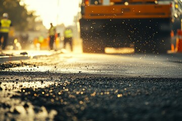 Close up view of fresh asphalt textures on illuminated construction road with workers and equipment