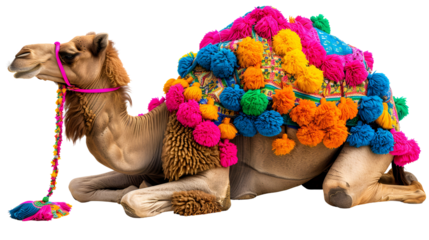Decorated Camel Sitting Majestically Colorful Pom-poms Adorn