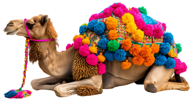 Decorated Camel Sitting Majestically Colorful Pom-poms Adorn