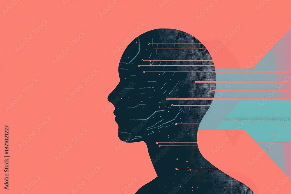 Poster digital mind: head silhouette integrated with circuit patterns and data streams